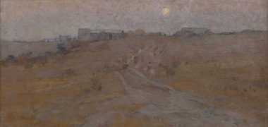 Rural landscape in muted colours with Impressionistic brushmarks. The road leads up to buildings in background with the moon in the night sky.