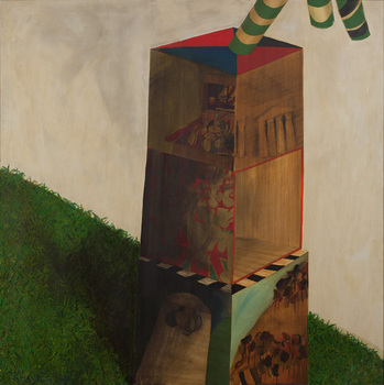 Brown blocks sitting vertically on top of one another with a linear shape above them on grass. The faces of the blocks have images of hills, rocks, columns and shapes.