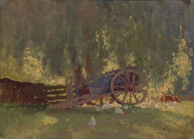 Rural landscape with dappled sunlight, wagon under large weeping tree with grass and chickens in the foreground and a building in the background.