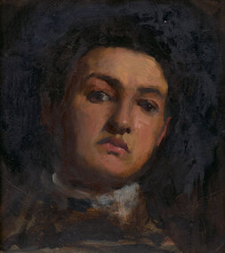 The main motif is a softly lit face with short hair and eyes staring at the viewer with a neutral expression. Clothes are muted brown and blue colurs with lively brushstrokes and background is dark brown.