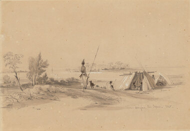 Landscape with sparce trees and foreground figure standing holding big linear item next to dog. There are two tents. Figures sitting inside tents and one figure sitting outside closest tent in mid ground and a figure standing behind tent and in front of second tent. There are trees in the distance.