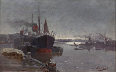 Harbour scene with wharf and covered barrels in foreground leading to two big ships with smoke coming from their chimneys. There are other ships in the harbour with land in the distance and grey clouds in the sky.