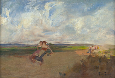 Rural landscape with figures depicting women running along a road in the foreground. Other figures are on the road in the distance. There is grass along the side of the road. The blue sky has expressive white clouds.