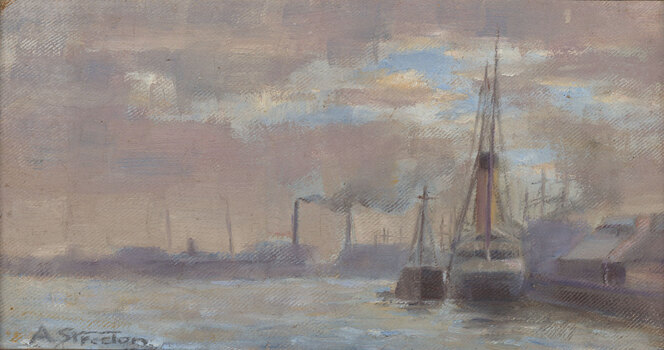 Harbour scene with large overcast sky in muted colours. Sailing ships on the water are in the foreground next to buildings. In the distance there are billowing smokestacks and buildings.
