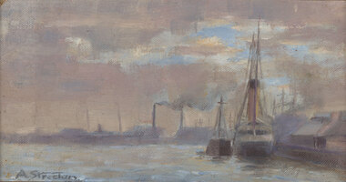 Harbour scene with large overcast sky in muted colours. Sailing ships on the water are in the foreground next to buildings. In the distance there are billowing smokestacks and buildings.