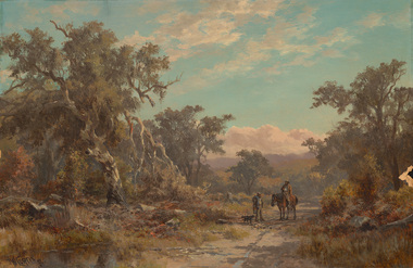 Sunny day in rural landscape with a track in foreground leading to a standing figure depicting a male with swag on the shoulder and billy can in hand and dog standing beside. There is a figure depicting a male seated on a horse in conversation with the standing figure. They are surrounded by bush and there are hills, white clouds and sky in the background.