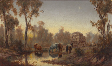 Rural landscape with four horses in the foreground drinking from a billabong surrounded by gum trees. In the distance is a packed wagon and beside it there are three figures sitting around a fire.
