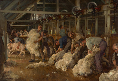Interior of busy shearing shed with a row of three figures depicting men shearing sheep in the foreground. There are figures sweeping and holding wool and sheep in the midground and figures around a table with wool on it in the background.