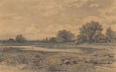 Rural landscape with rocks grass and dam in foreground. There are buildings and trees on the horizon and clouds in the sky.