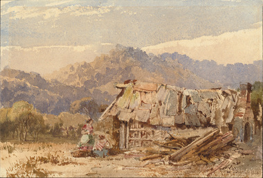 Rural landscape with rustic hut, large pile of wood and two figures depicting a woman and child in the foreground. Gum trees and wooded hill in the background with a few clouds in the sky.