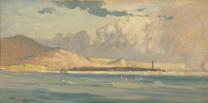 Seascape with waves in foreground, sailing boat, rocks, sand and lighthouse in midground with treeless hills in background. There are dense and turbulent clouds coming from horizon.