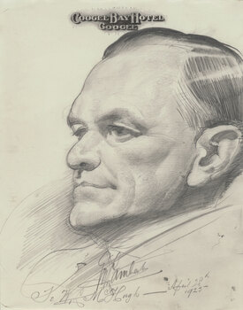 Drawing of portrait depicting a male with short brushed back hair, neck, partial shoulder and shading under the chin. Coogee Bay Hotel written above the head.