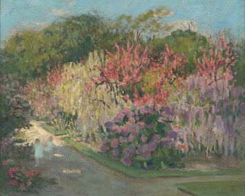 Colourful garden setting on sunny day where two figures depicting children are running down a path.