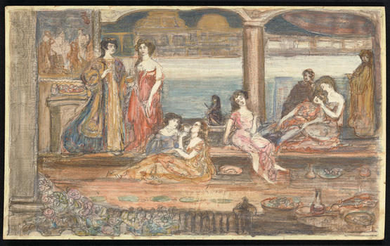 Ten figures depicting women  within an architectural space with columns, engaged in drinking and resting. There is a jug and some bowls of food in the foreground. Water and buildings are in the background.