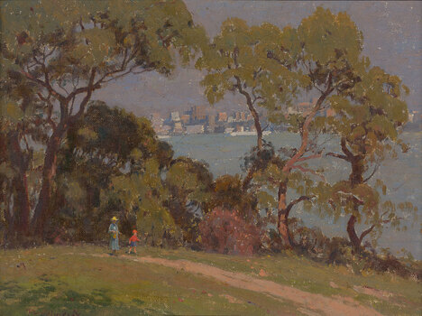 Landscape with two figures depictiing woman and child in foreground walking along a path. Tall trees and distant views of water and urban landscape.