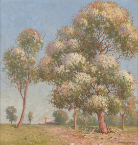 Landscape with blue sky and one tall tree and several smaller ones on either side of a path sloping up to the top of a small hill with partial view of a building.