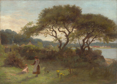 Seaside landscape with two figures depicting female children in the foreground. Trees are in the midground and background. Buildings are in the distance across a body of water under a blue sky with clouds.