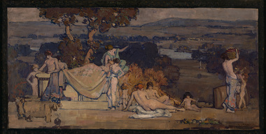 Rural landscape with figures depicting women, men and children naked and partially clothed around a neoclassical architectural form under a tree in the foreground. A body of water and trees are in the midground and rolling hills are in the background.