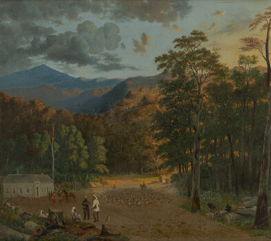 The scene is a clearing in a forested area with distant mountains. In the foreground there are figures depicting males wearing bags and holding papers gathered in a group with a dog. In the midground there is a mob of sheep with figures on horses and figures depicting males and a female standing next to a horse outside a solid grey building. There are two smaller buildings on either side of the clearing.