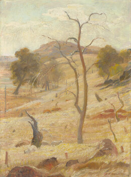 Rural landscape with leafless tree on sloping hill with dry grasses in foreground. There is a road with trees in midground and hills in background.