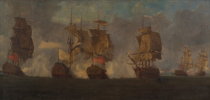 Moody smoky seascape with dark water in the foreground and four battle ships in midground and 2 battleships in background
