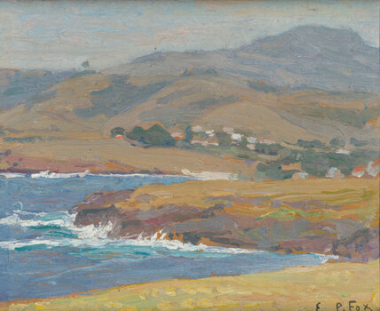 Seascape with waves and shoreline in foreground. There are many buildings and trees  in midground depicting a village and hills in the background.