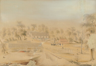 Rural landscape with track leading to fenced house and garden and outbuildings surrounded by trees in the background. There is a wagon and a horse next to two figures depicting males in the midground. The foreground has ladders on the track next to a partially completed pen and shed.