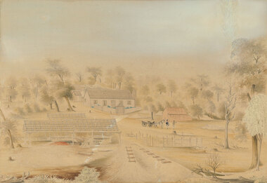 Rural landscape with track leading to fenced house and garden and outbuildings surrounded by trees in the background. There is a wagon and a horse next to two figures depicting males in the midground. The foreground has ladders on the track next to a partially completed pen and shed.