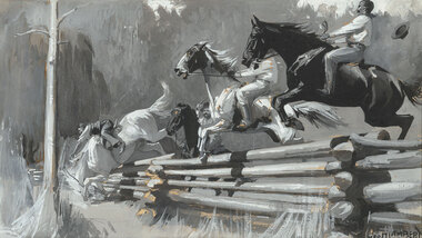 Rural landscape with fence and tree and grasses. There are four figures riding horses that are in the throes of jumping the fence. The painting is in black and white.