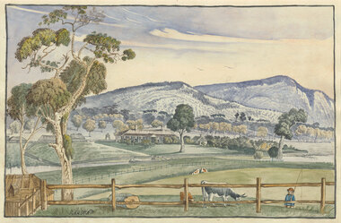 Rural tree studded homestead scene with figure carrying a fishing line in foreground. There are cows grazing behind a fence, house in midgroundwith a creek, hills and clouds in the background.