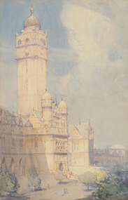 Sunny urban landscape with large impressive building with large tower and domed top. Two smaller towers with domed tops are at the front of the building facing a tree lined street with figures. There are blurry buildings in the distance.