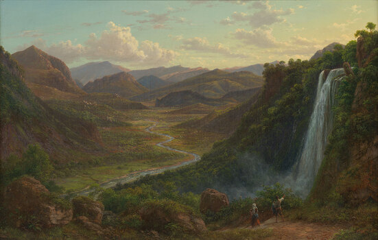 Sublime rural valley landscape with 2 figures walking down a track beside a waterfall towards a river. There are mountains in the background and clouds in the sky.