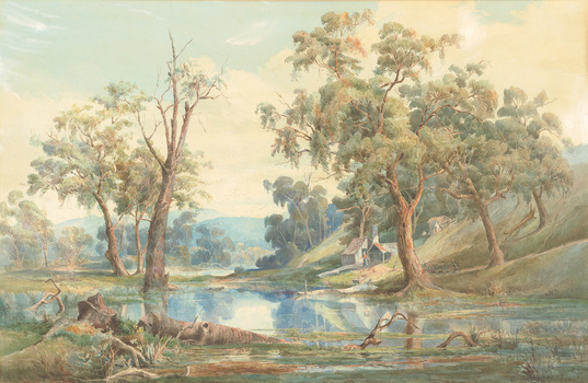 Sunlit rural landscape with body of water and reflections of trees in foreground. There are fallen tree trunks in the water. There are rustic buildings with figures depicting a female feeding chickens, a child playing and two figures with a laden wagon on the track in the midground. Large gum trees surround the buildings and into the distance are more trees and a hill.