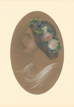 Oval profile portrait drawing with shoulders of figure depicting female. The hair is brown and is garlanded with flowers. The shoulders are drawn in white depicting clothing. The oval background is a brown colour on a rectangular cream shape.