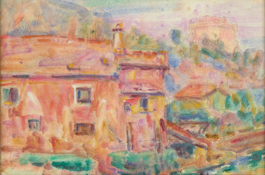 Expressive brightly coloured brushstrokes of large rural farm house in foreground and houses and trees in mid and background.