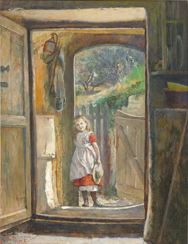 Interior scene with figure depicting female child standing at a doorway with view to the fenced garden. There is a lamp and clothing hanging next to open door and plates can be seen on shelves inside the building.