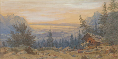 Soft hued rural landscape with two figures, a rustic house, rocks, timber and trees in the foreground. The scene looks out over water with large mountains on either side of the water and land wraps around the water in the background