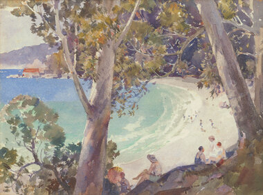 Seascape with figures relaxing under the trees overlooking waves in the foreground. Sandy shoreline with figures in midground. Buildings and sloping hills in the background.