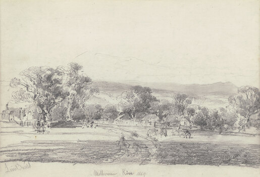 Rural landscape with horses in the foreground next to a track heading towards a settlement with several buildings amoungst large gum trees. Gentle hills in the background.