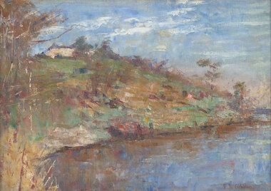 Expressive brushstriokes of pond in foreground and surrounded with grasses looking up a sloping hill to a large house on top of the hill under blue sky with white clouds