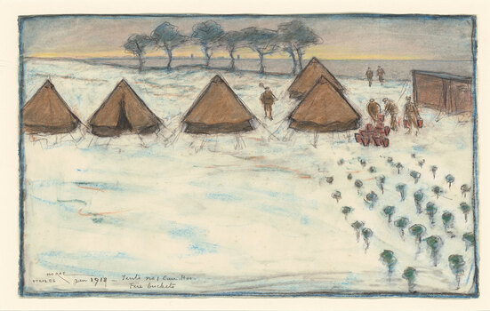 Rural landscape with five rows of green plants and white coloured ground in foreground. Six tents and figures depicting males with buckets in midground. Row of six trees in background with yellow horizon line.