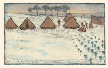 Rural landscape with five rows of green plants and white coloured ground in foreground. Six tents and figures depicting males with buckets in midground. Row of six trees in background with yellow horizon line.