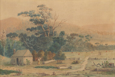 Rural landscape in muted colours with track leading from foreground past fence to midground. The track goes past a rustic hut surrounded by large trees with two small figures depicting children and one figure in a dress depicting a female putting clothing on a line. There are two figures in the midground standing close to each other beside the track. There are faint pale hills in the background.