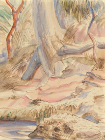 This watercolour depicts a creek bed with trees, roots and shrubs along the bank. A rock on the edge of the creek is in the foreground.