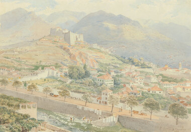 A walled city lays at the foot of the mountains, with a tall castle on the city's highest hill. There is a large waterway in the foreground with a river-wall. Small figures, animals and carts are walking along the edge of the city next to the river.