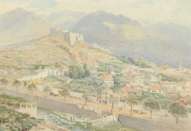 A walled city lays at the foot of the mountains, with a tall castle on the city's highest hill. There is a large waterway in the foreground with a river-wall. Small figures, animals and carts are walking along the edge of the city next to the river.