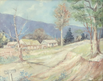 Rural landscape depicting three cottages  fenced off from  the dirt road with trees scattered across the land. There are hills in the background and a small illegible sign in the foreground.