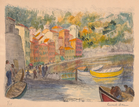 Waterscape with tall colourful buildings in the middleground and  figures and boats lining the shoreline of the foreground. There is an acqueduct in the hills to the right of the buildings.