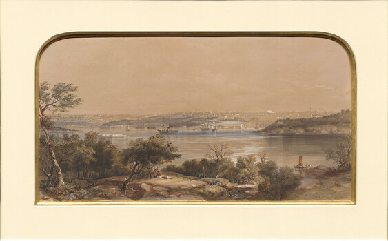 Industrial waterscape depicting rocky shoreline with trees in the foreground. There are figures sitting on rocks and industrial buildings and ships in the background, with the calm ocean waters in between.