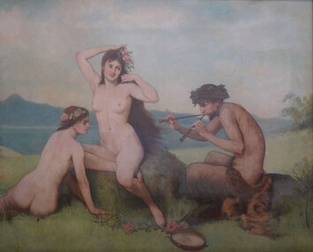 On the grassy shores of a lake, two naked women watch a faun (half man, half goat) playing an aulos (a double reed pipe, held one in each hand).